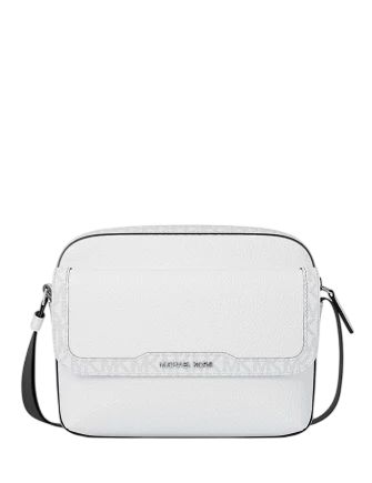 Michael Michael Kors Cooper Medium Pebbled Leather and Signature Logo Camera Crossbody Bag Bright White
