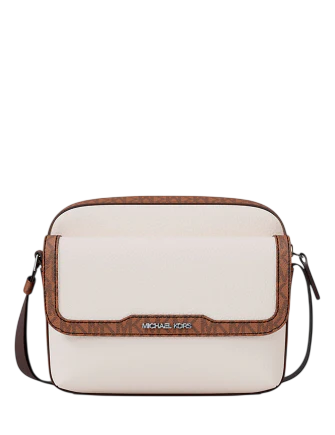 Michael Michael Kors Cooper Medium Pebbled Leather and Signature Logo Camera Crossbody Bag  Light Cream Luggage