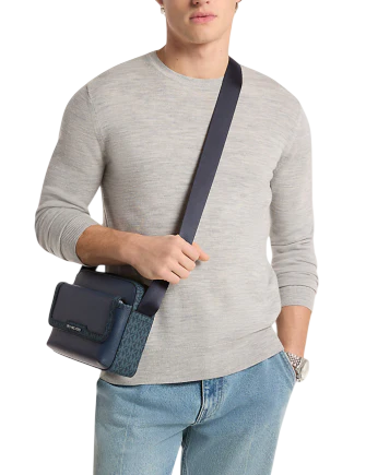 Michael Michael Kors Cooper Medium Pebbled Leather and Signature Logo Camera Crossbody Bag Navy