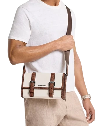 Michael Michael Kors Cooper Pebbled Leather and Signature Logo Trunk Crossbody Bag Light Cream Luggage