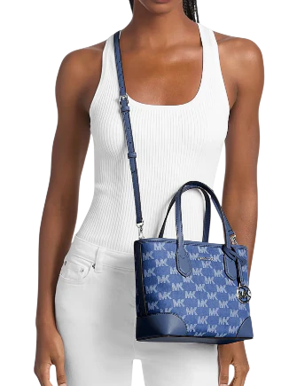 Michael Michael Kors Eva Extra-Small Logo Jacquard Denim Convertible Tote Bag Denim