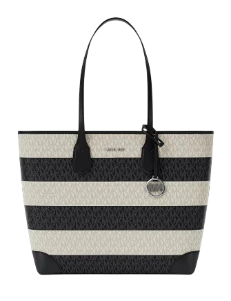 Michael Michael Kors Eva Large Striped Signature Logo Tote Bag Black White