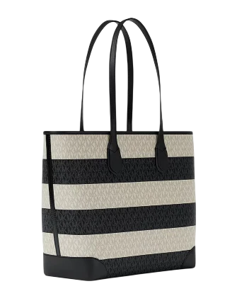 Michael Michael Kors Eva Large Striped Signature Logo Tote Bag Black White