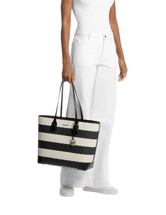 Michael Michael Kors Eva Large Striped Signature Logo Tote Bag Black White