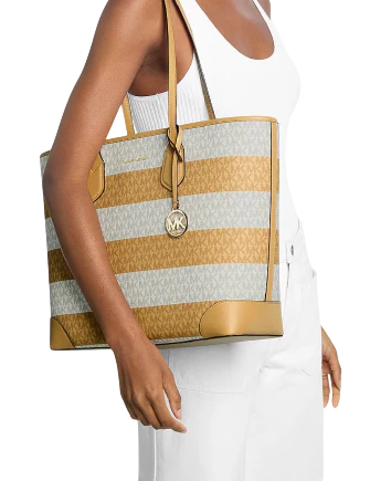Michael Michael Kors Eva Large Striped Signature Logo Tote Bag Honeywheat