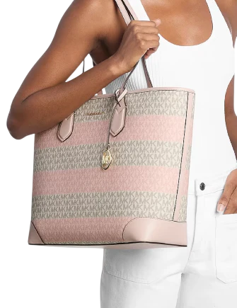 Michael Michael Kors Eva Large Striped Signature Logo Tote Bag Powder Blush