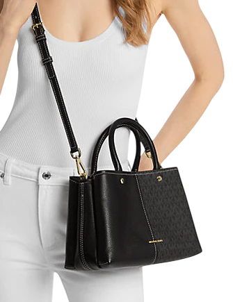 Michael Michael Kors Flora Medium Signature Logo and Leather Satchel Black