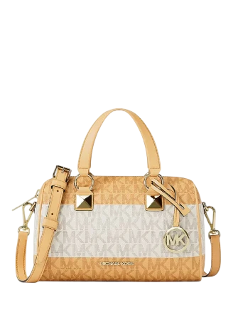 Michael Michael Kors Grayson Small Striped Signature Logo Duffel Crossbody Bag Honeywheat