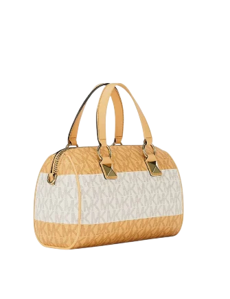 Michael Michael Kors Grayson Small Striped Signature Logo Duffel Crossbody Bag Honeywheat