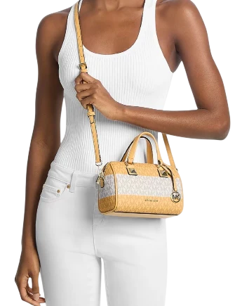 Michael Michael Kors Grayson Small Striped Signature Logo Duffel Crossbody Bag Honeywheat