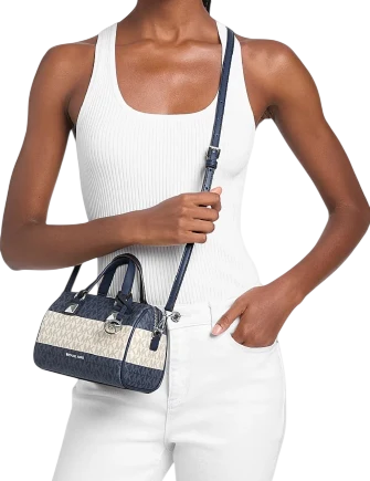 Michael Michael Kors Grayson Small Striped Signature Logo Duffel Crossbody Bag Navy