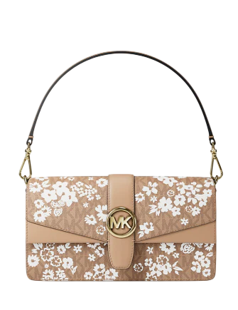 Michael Michael Kors Greenwich Medium Printed Signature Logo Convertible Shoulder Bag Camel