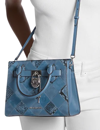 Michael Michael Kors Hamilton Small Patchwork and Snake Embossed Satchel Cornflower