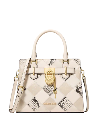 Michael Michael Kors Hamilton Small Patchwork and Snake Embossed Satchel Natural