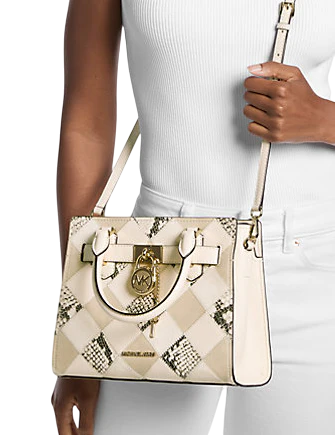 Michael Michael Kors Hamilton Small Patchwork and Snake Embossed Satchel Natural