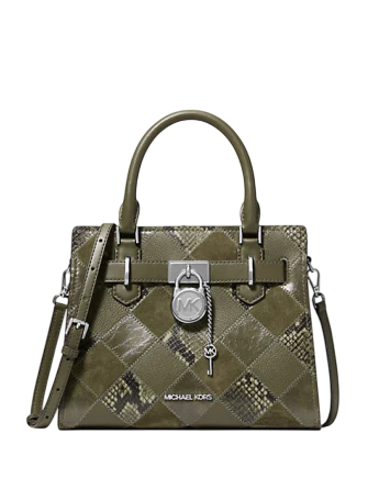 Michael Michael Kors Hamilton Small Patchwork and Snake Embossed Satchel Olive