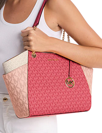 Michael Michael Kors Jet Set Large Color-Block Signature Logo Tote Bag Cherry