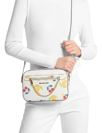 Michael Michael Kors Jet Set Large Fruit Print Logo Crossbody Bag Optic White
