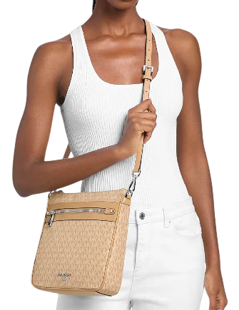 Michael Michael Kors Jet Set Large Logo Print Woven Crossbody Bag Peanut