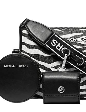 Michael Michael Kors Jet Set Leather Medium Animal Print Logo Crossbody Bag with Case for Apple Airpods Pro Black