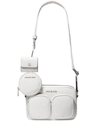 Michael Michael Kors Jet Set Leather Medium Crossbody Bag with Case for Apple Airpods Pro Optic White