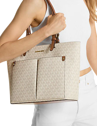 Michael Michael Kors Jet Set Medium Logo Pocket Tote Bag Vanilla