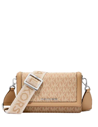 Michael Michael Kors Jet Set Small Signature Logo Print Woven Smartphone Crossbody Bag Peanut