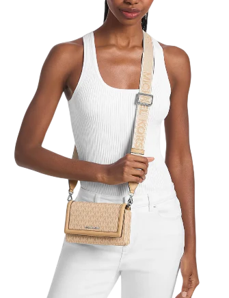 Michael Michael Kors Jet Set Small Signature Logo Print Woven Smartphone Crossbody Bag Peanut