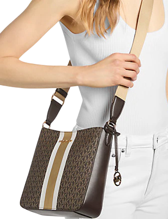 Michael Michael Kors Jet Set Small Signature Logo Stripe Crossbody Bag Brown