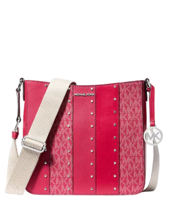 Michael Michael Kors Jet Set Small Studded Patchwork and Signature Logo Crossbody Dark Raspberry 