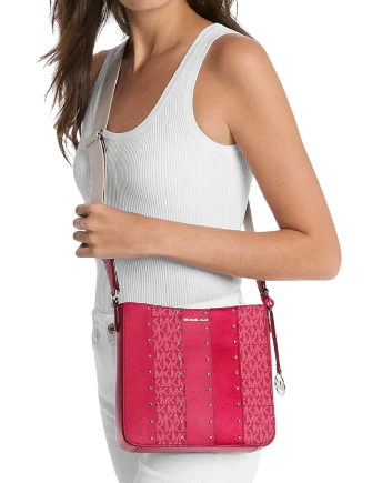 Michael Michael Kors Jet Set Small Studded Patchwork and Signature Logo Crossbody Dark Raspberry 