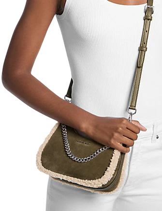 Michael Michael Kors Jet Set Small Suede and Faux Shearling Convertible Crossbody Bag Olive