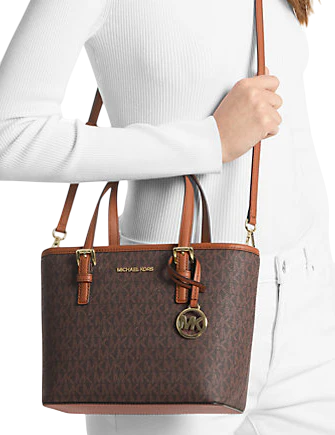 Michael Michael Kors Jet Set Travel Extra-Small Logo Top-Zip Tote Bag Brown Gold Hardware