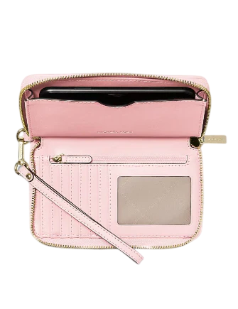Michael Michael Kors Jet Set Travel Large Logo Jacquard Denim Smartphone Wallet Powder Blush
