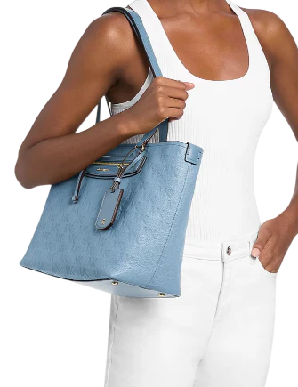 Michael Michael Kors Jet Set Travel Medium Logo Embossed Leather Tote Bag Chambray