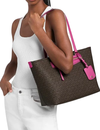 Michael Michael Kors Jet Set Travel Medium Signature Logo Tote Bag Raspberry
