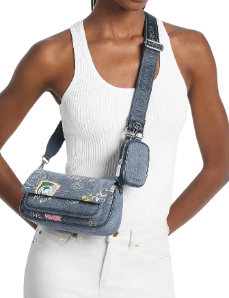 Michael Michael Kors Jet Set Travel Small Embellished Denim Crossbody Bag With Pouch Washed Denim