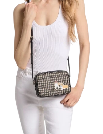 Michael Michael Kors Jet Set Travel Small Houndstooth Print Camera Crossbody Bag Black Camel