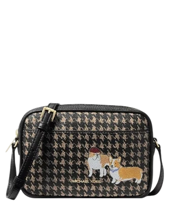 Michael Michael Kors Jet Set Travel Small Houndstooth Print Camera Crossbody Bag Black Camel