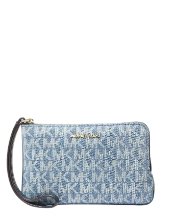 Michael Michael Kors Jet Set Travel Small Signature Logo Print Denim Wristlet Light Vintage Blue Wash