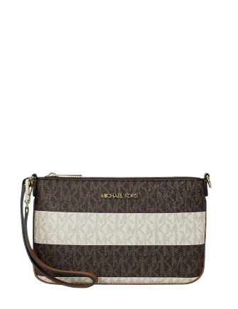 Michael Michael Kors Jet Set Travel Small Striped Signature Logo Convertible Wristlet Vanilla Brown