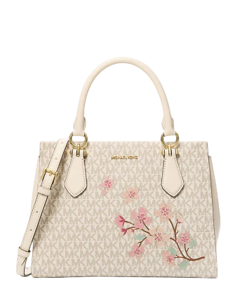 Michael Michael Kors Marilyn Medium Embellished Signature Logo Satchel Light Cream