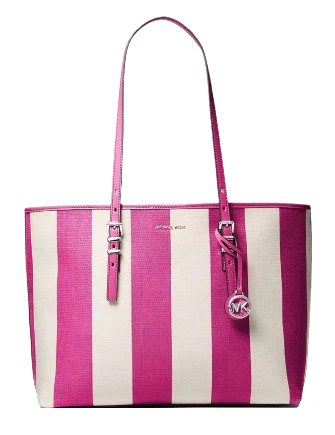 Michael Michael Kors Quinn Large Striped Canvas Tote Bag Raspberry
