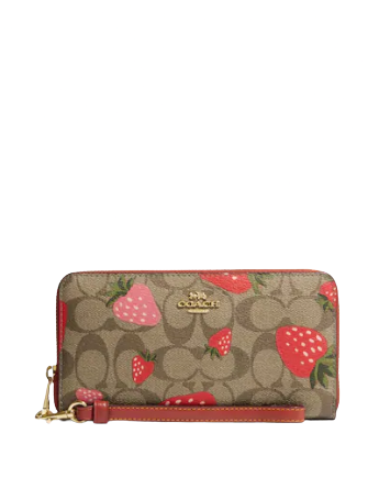 Coach Long Zip Around Wallet In Signature Canvas With Wild Strawberry Print