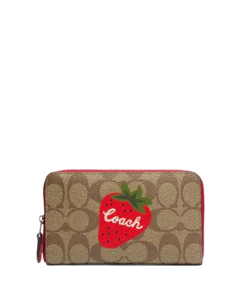 Coach Medium Id Zip Wallet In Signature Canvas With Wild Strawberry