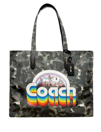 Coach 100 Percent Recycled Canvas Tote 42 With Camo Print And Rainbow Horse And Carriage