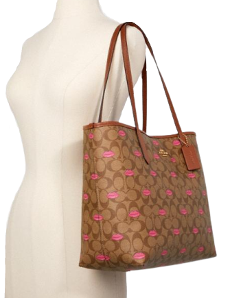 Coach City Tote In Signature Canvas With Lips Print