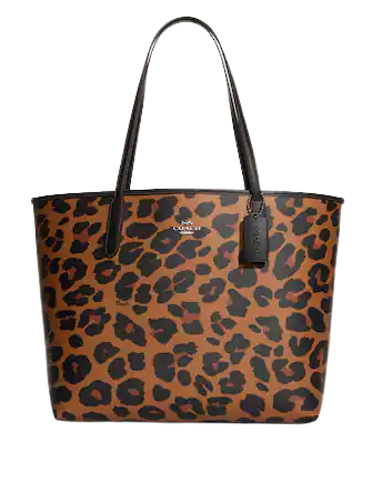 Coach City Tote With Leopard Print And Signature Canvas Interior