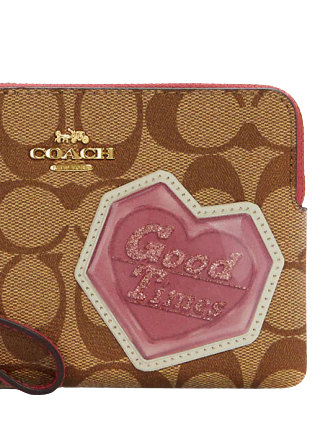 Coach Corner Zip Wristlet In Signature Canvas With Disco Patches