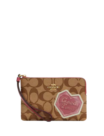 Coach Corner Zip Wristlet In Signature Canvas With Disco Patches